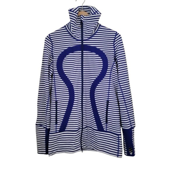 Lululemon IN STRIDE Jacket Blue & White Striped Full-Zip w/ Thumbholes Sz 8 - Picture 1 of 12